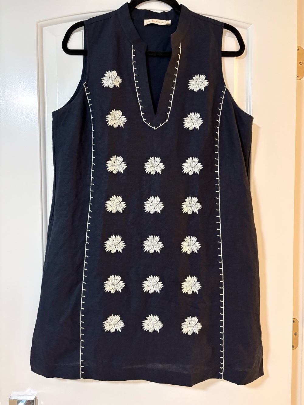 Tory Burch Navy Sleeveless Shift Dress with White Floral Embroidery